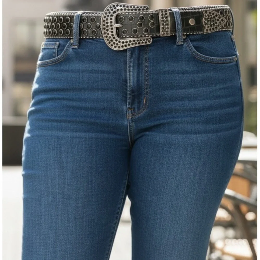 Western Black‎ Rhinestone Belt Genuine Leather XL Croc Embossed Cowboy Punk